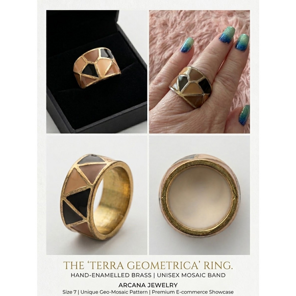 Arcana Jewelry Accessories - Arcana Jewelry "Terra Geometrica" Band — Size 7 —Hand-Enameled Brass Mosaic Ring